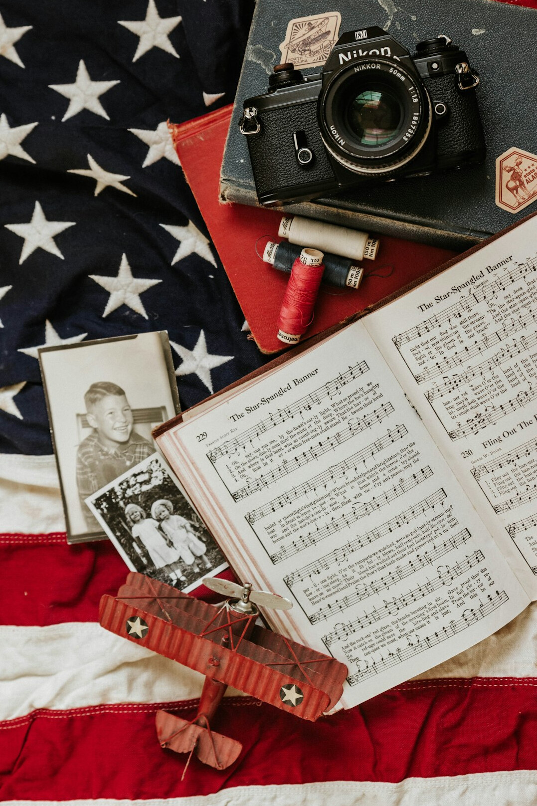 Travel planning items with map camera and notebook