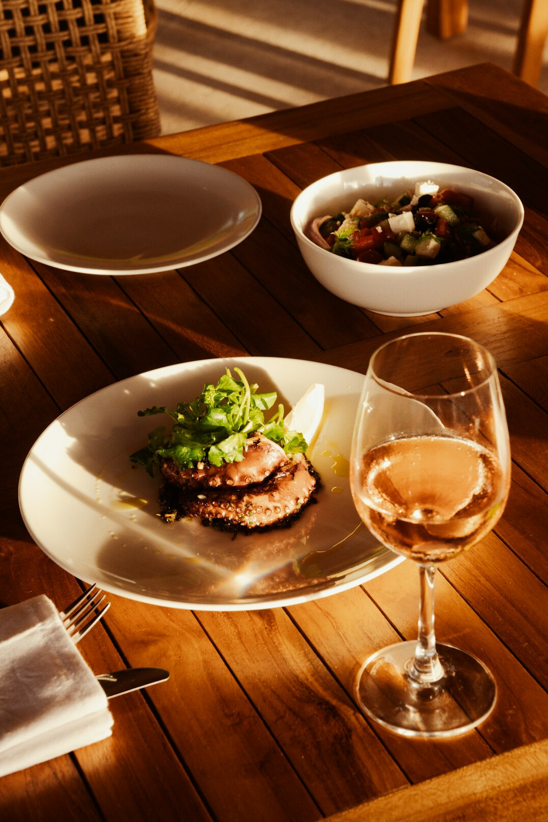 Plated restaurant dish on a wooden table